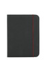 A dark grey conference folder with a red elastic band, featuring a logo on the front cover.