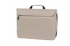 A beige laptop sleeve with a front pocket and a black handle. It has a simple design and a logo.
