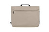 A beige laptop sleeve features a front pocket and a handle for easy carrying, along with a logo.