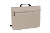 A beige laptop sleeve with a handle and a front pocket, featuring a logo on the side.