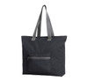 A large black tote bag with grey straps and a front zip pocket. It has a simple design and features branding.