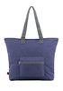 A purple tote bag with grey straps and a front zippered pocket, featuring a small logo.