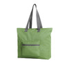 A green tote bag with grey straps and a front zip pocket. It features a simple design and has a logo.