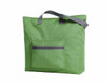 A green tote bag with a zippered pocket, featuring two sturdy handles and a simple design. It has a logo on it.