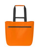An orange tote bag with black handles and a front zip pocket, featuring a brand logo.