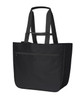A large black tote bag with two handle straps and a front zip pocket, featuring a logo.