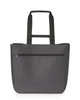 A grey tote bag with two shoulder straps and a zippered pocket on the front. It features a logo.