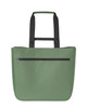 A large soft green shopper bag with black handles and a zippered front pocket. It features a logo on the surface.