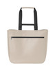 A beige tote bag with black handles and a zippered front pocket, featuring a logo.