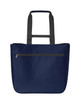 A navy blue shopper bag with dual grey handles and a zippered front pocket, featuring branding.