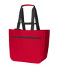 A red tote bag with black straps and a zippered front pocket. Features a sturdy design and branding present.
