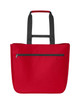 A red Softbasket Shopper bag with black handles and a zip pocket on the front. It has a simple logo.