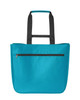 A turquoise tote bag with black handles and a zippered pocket on the front. It has one visible logo.