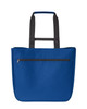 A blue tote bag with black handles and a zippered pocket on the front. It features a logo.