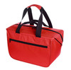 A red cooler bag with dual black handles and a zippered compartment on the front. It features a logo on the side.