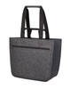 A grey felt tote bag with sturdy black handles and a zippered pocket on the front. It features a simple design and a logo.