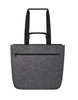 A grey felt tote bag with black handles and a zippered pocket on the front, featuring a logo.