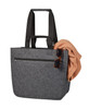 A grey felt tote bag with black straps, featuring a zipped pocket, and adorned with sunglasses and a soft, light-coloured sweater.