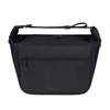 A black lunch bag with a zippered compartment and a top handle. It features a simple design and has a logo.