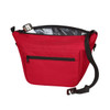 A red lunch bag featuring a zippered compartment, an insulated interior, and a shoulder strap. It includes a drink bottle inside.