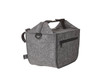A grey felt lunchbag with dual handles and a zippered front pocket. It features a logo on the side.