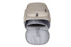 A light grey laptop backpack with an open compartment, revealing padded interior space for a laptop and a zip closure.