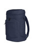 A navy blue laptop backpack featuring multiple zippered pockets and padded straps. It includes a branding logo.