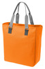 An orange reusable grocery bag with grey handles, featuring a structured design and a logo on the front.