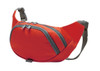 A red bum bag with grey zippers and a strap, featuring two compartments for storage. It has a branding logo.