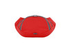 A red waist bag with two zippered compartments and a sleek design. It has a logo on the front.