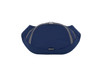 A navy blue bum bag with two zippered compartments, featuring a sleek design and a subtle logo.