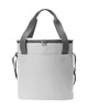 A grey cooler bag with a zippered top and shoulder straps, featuring a front pocket and a logo.