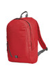 A red backpack with grey straps and a side zip pocket, featuring a logo on the front.