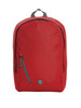 A red backpack featuring a zippered main compartment and a front zip pocket, with an additional grey zipper.