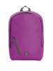 A purple backpack with a sleek design, featuring a front zip pocket and a carry handle. It has a logo on it.