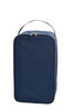 A navy blue shoe bag with a zip closure and a top handle. The bag has a simple design and includes a logo.