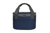 A navy lunch bag with grey straps, featuring a zip closure and a side pocket. It has a simple, modern design.