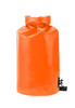 An orange dry bag with a roll-top closure and a black clip for secure fastening. It features a logo on the side.
