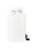 A white dry bag with a roll-top closure and a black buckle strap. It features a logo on the side.