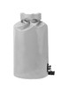 A grey dry bag with a fold-top closure and a side buckle for secure sealing. It features a branding logo.
