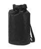 A black dry bag with a fold-over top and an adjustable strap, featuring a logo.