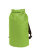 A bright green waterproof backpack with adjustable black shoulder straps and a roll-top closure.