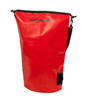 A red dry bag with a sleek design, featuring a shoulder strap and a logo on the side.