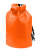 An orange dry bag with a roll-top closure and adjustable straps, featuring a logo.
