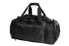 A black duffle bag with multiple compartments and sturdy handles, featuring a logo on the front.