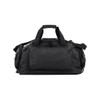 A black duffle bag with multiple compartments and handles, featuring a detachable shoulder strap and a logo.