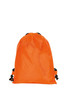 An orange drawstring backpack made of taffeta material, featuring black cords for closure and a logo.