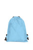 A light blue drawstring backpack with black drawcords and a small logo.