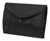 A black toiletry bag with a flap closure and side pockets, featuring a discreet logo.