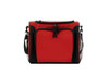 A red cooler bag with black accents, featuring a zippered top and side mesh pockets. It has a brand logo on the front.